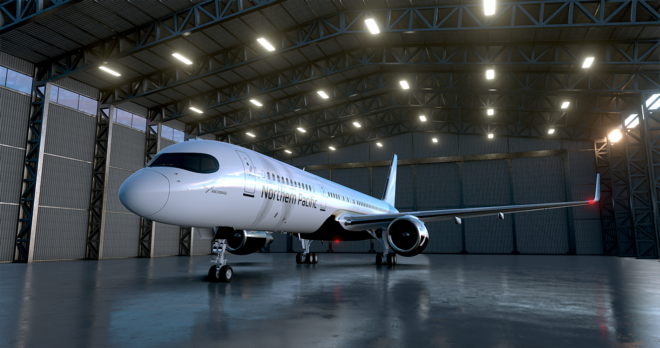 A digital rendering of a Northern Pacific Airways Boeing 757-200 on the ground in a hangar.