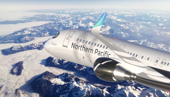 A digital rendering of a Northern Pacific Airlines Boeing 757-200 aircraft inflight over snowy mountains