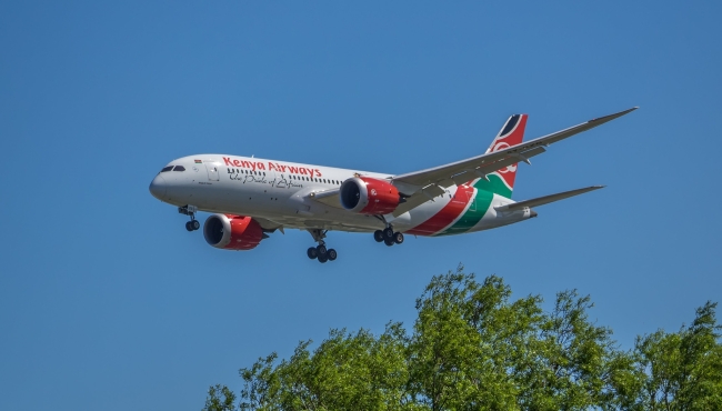 A Kenya Airways Boeing 787 in flight above trees with wheels down