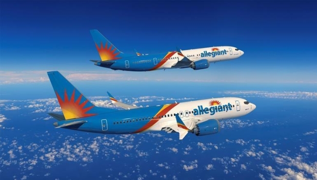 A graphic rendering 2 Boeing 737 Max aircraft in flight in Allegiant Airways livery