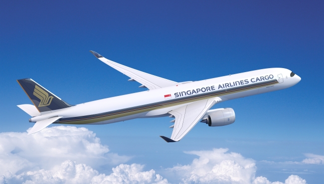 A computerised rendering of a Singapore Airlines Airbus A350F Freighter aircraft in flight above the clouds