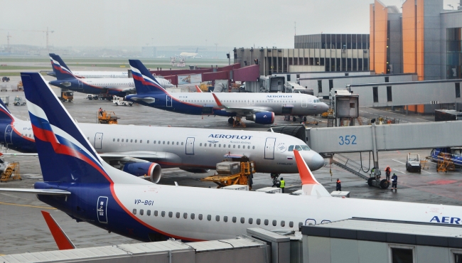 A group of Aeroflot aircraft at the gates of Moscow airport