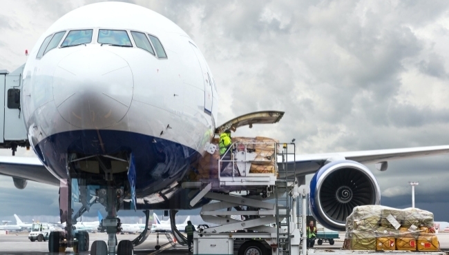 Freighter aircraft loading cargo in an airport