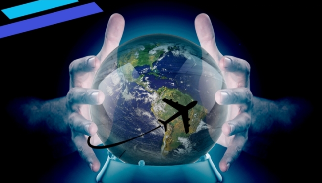 Hands over an earth globe forecasting aviation net zero emissions