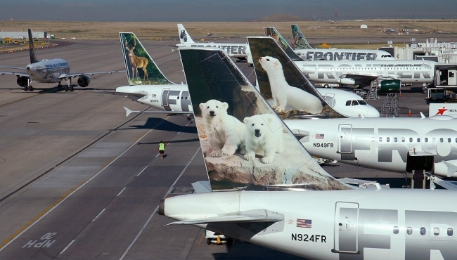 A line up of Frontier Airlines airbus aircraft on the ground at an airport