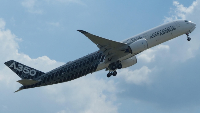 A black and white Airbus A350 passenger jet aircraft climbing into a blue sky with few cloudssky with wheels down
