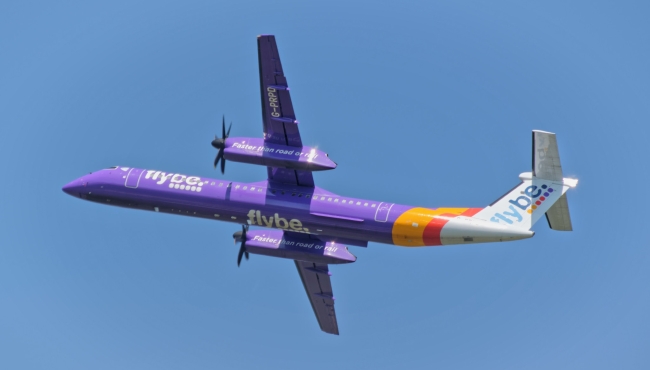 A Flybe Bombardier Dash 8 Q400 turboprop aircraft in flight