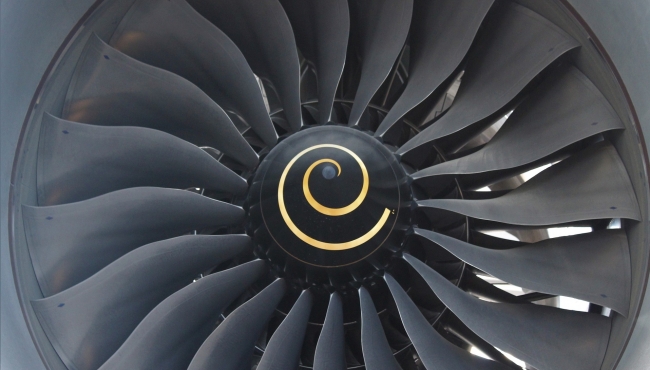 A close up view of an aircraft jet turbofan engine's fan blades