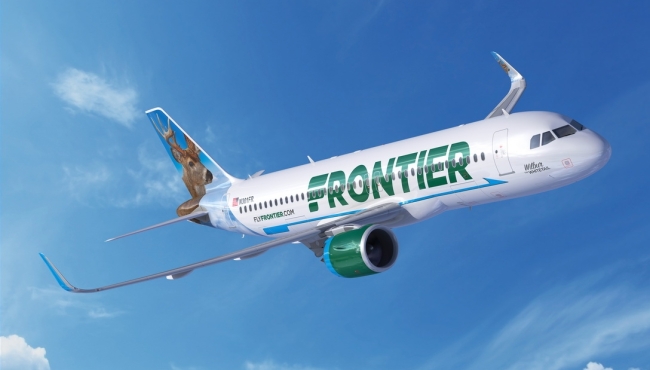 A digital rendering of a Frontier Airways Airbus A320neo in flight.